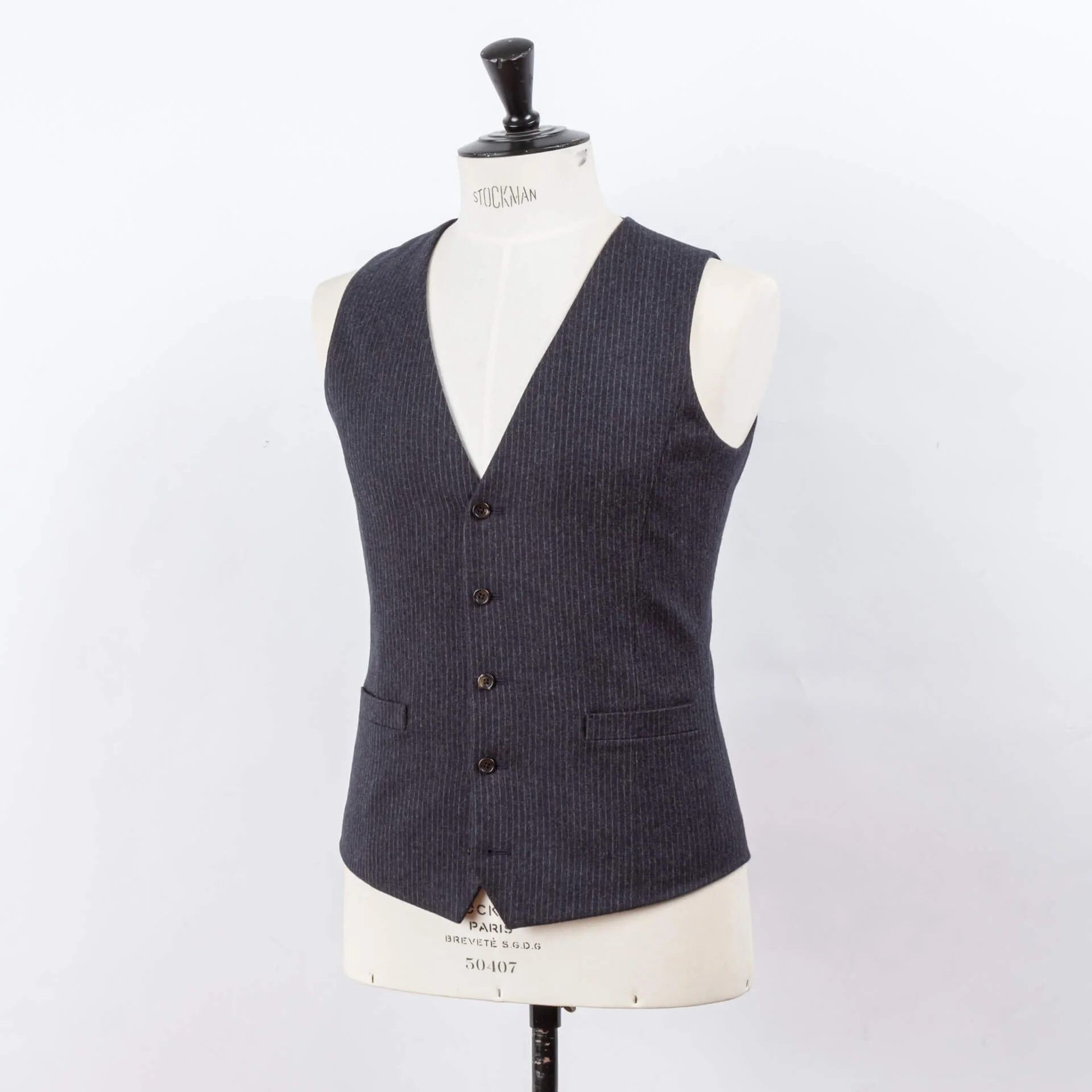 Waistcoat French Navy Pinstripe Vintage Fox VF3 — De Oost Bespoke